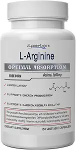 Labs superiori L-Arginina 3000mg, Pure Non-OGM, Aminoacido ad alta potenza, Ossido nitrico & Vasodilation Booster per il flusso sanguigno, Supporta energia e resistenza, Pompa del muscolo & salute del cuore, 150 Caps del Veg