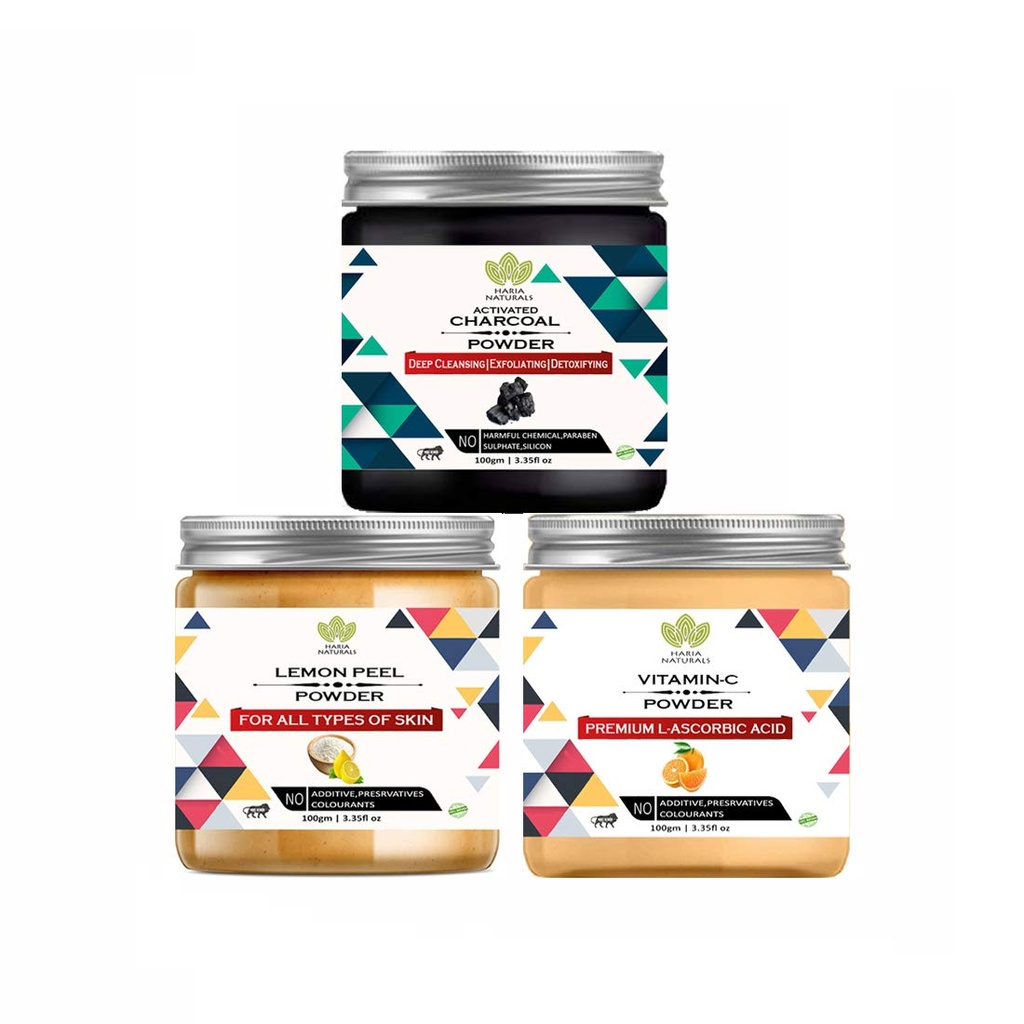 100% Pure & Naturals Charcoal Powder 100gm & Lemon Peel Powder 100gm & Vitamin-C Powder 100gm (Pack Of 3) 300GM