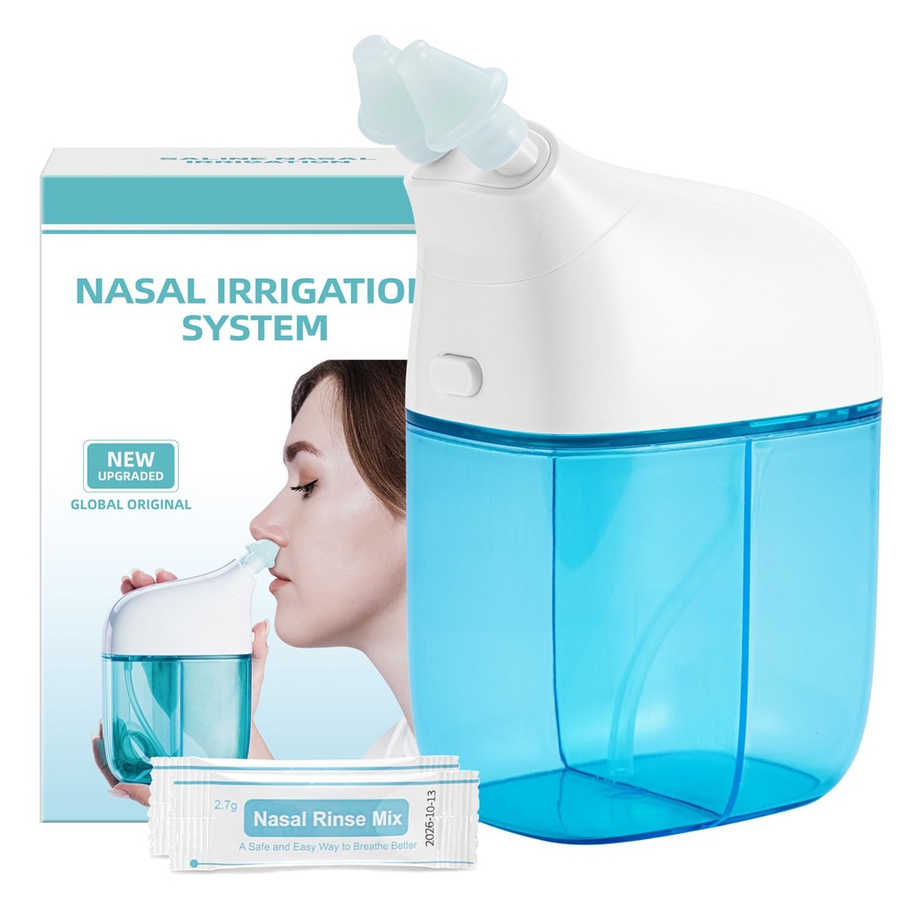 Système d'irrigation nasale avec 30 paquets salines, machine à rincer Sinus, machine à nettoyer Sinus Nez avec réservoir d'eau et réservoir de collecte des déchets - Bleu