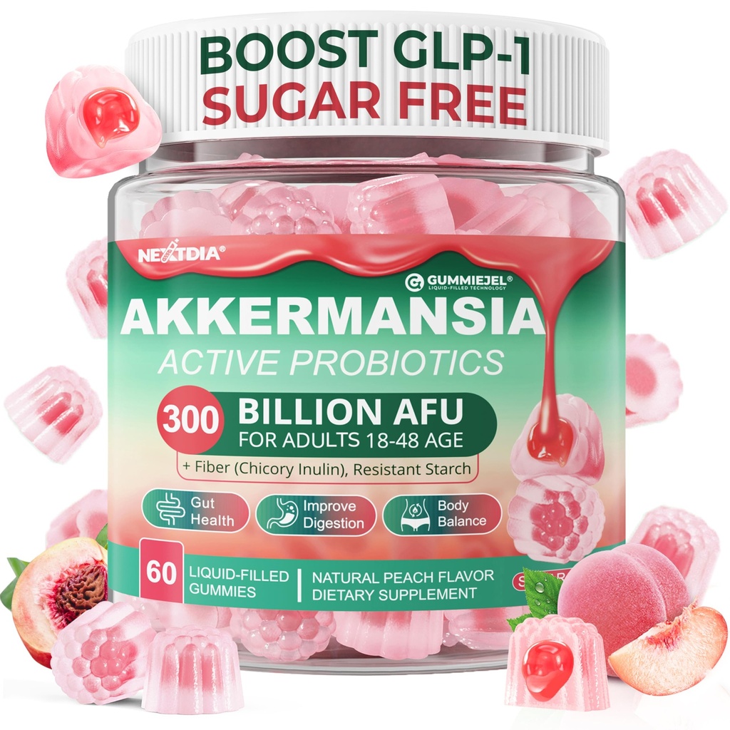 Akkermansia Probiotics Gummi mit Prebiotics Fiber, 300 Billion AFU Akkermansia Muciniphila, mit Polyphenol Früchten, Resistant Starch, Vitamin A D3 B2 für Stoffwechsel, Verdauungs- und Gutgesundheit, 1Pack