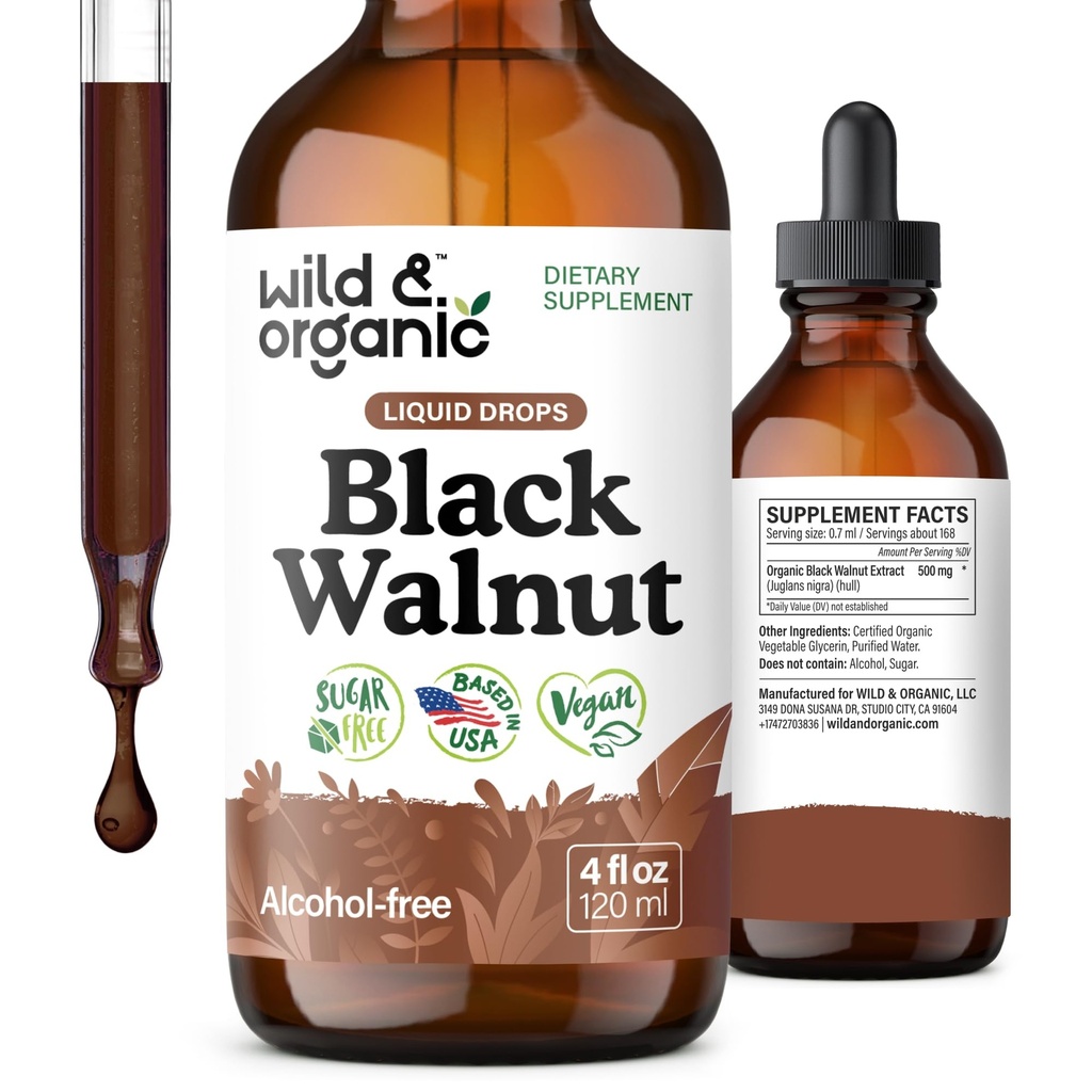Wild & Organic Black Walnut Tincture - Detox Cleanse w/Black Walnut Hull Extract - Kräuterergänzung für Gut Cleanse Detox und Digestive Well-Being - Vegan, Zucker & Alkoholfrei - 4 fl oz