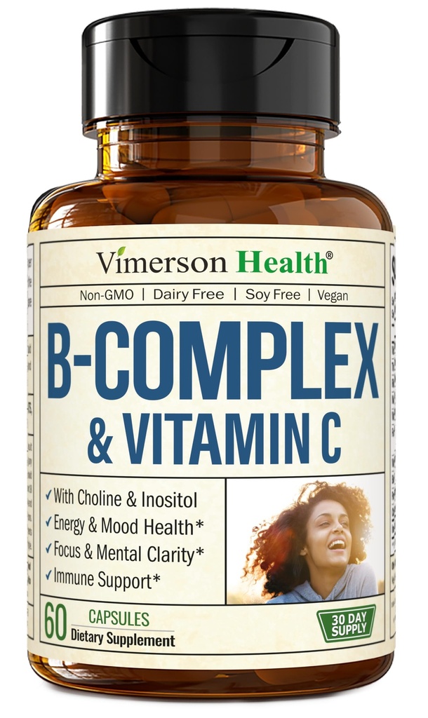 Vitamin B-Komplex mit VIT C & Folsäure (Folat) - 8 Hohe Potenz B Vitamine: B1, B2, B3, B5, B6, B7, Vitamin B12 + Biotin, Choline & Inositol. Aids Mood, Energie, Nervensystem und Immununterstützung