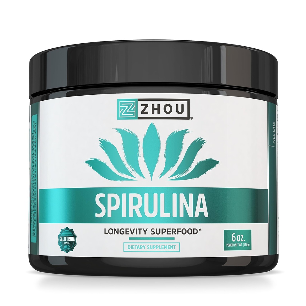 Zhou Spirulina Powder - Blau Grün Spirulina Superfood für Damen und Herren mit Vegan Protein, Chlorophyll & Phycocyanin für glatte Energie und Langlebigkeit, Getränke Mix für Smoothies - 6 oz Jar (48 Portionen)