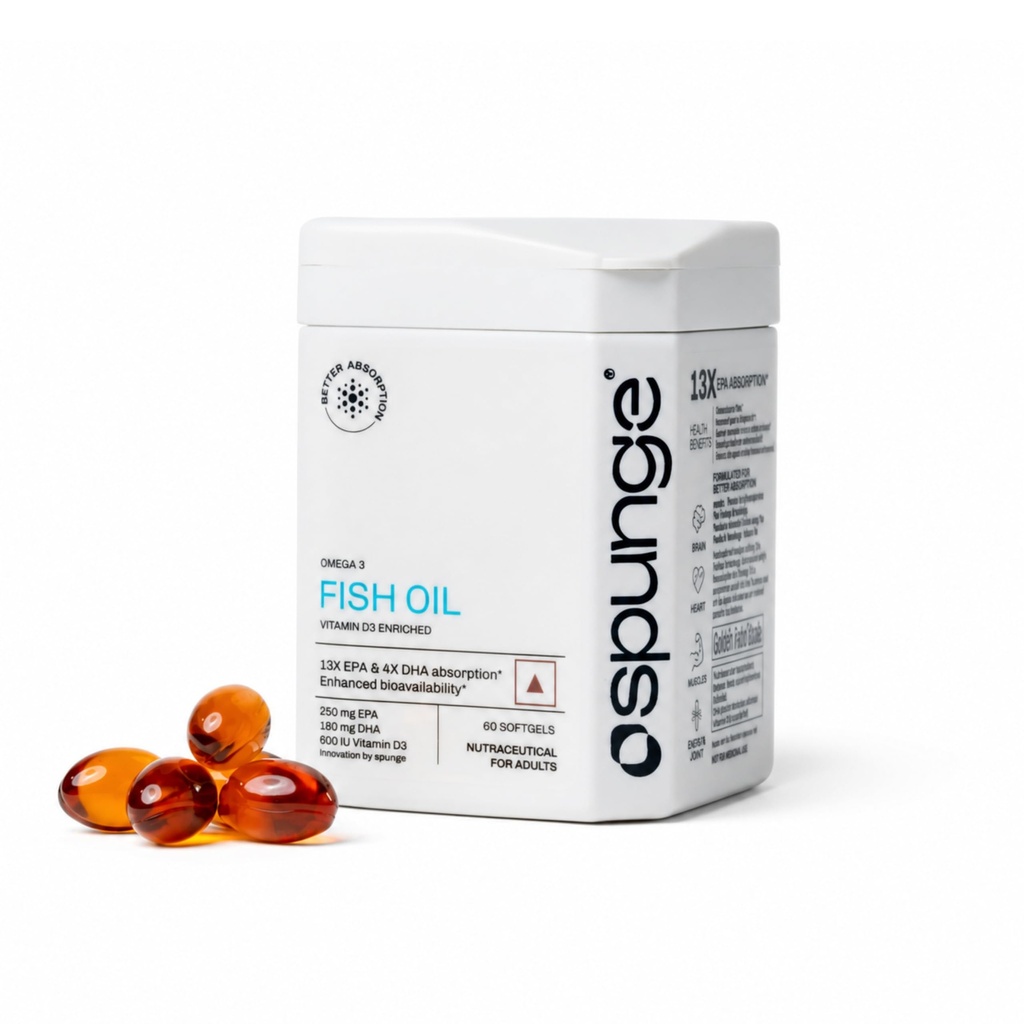 Spunge Omega 3 Fish Oil | Vitamin D3 Enriched | 60 Softgels | High Strength EPA & DHA with Vitamin D3 | 13X EPA & 4X DHA Absorption | Improved D3 Uptake | Supports Heart, Brain, Bone, Joint & Immune Health