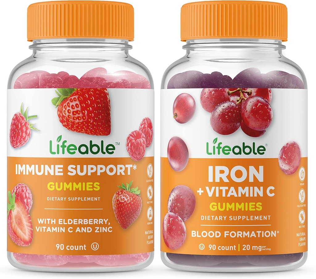 Lebensfähige Immununterstützung + Eisen mit Vitamin C, Gummie Bundle - Große Verkostung, Vitamin-Ergänzung, Glutenfrei, GMO frei, Kaubar