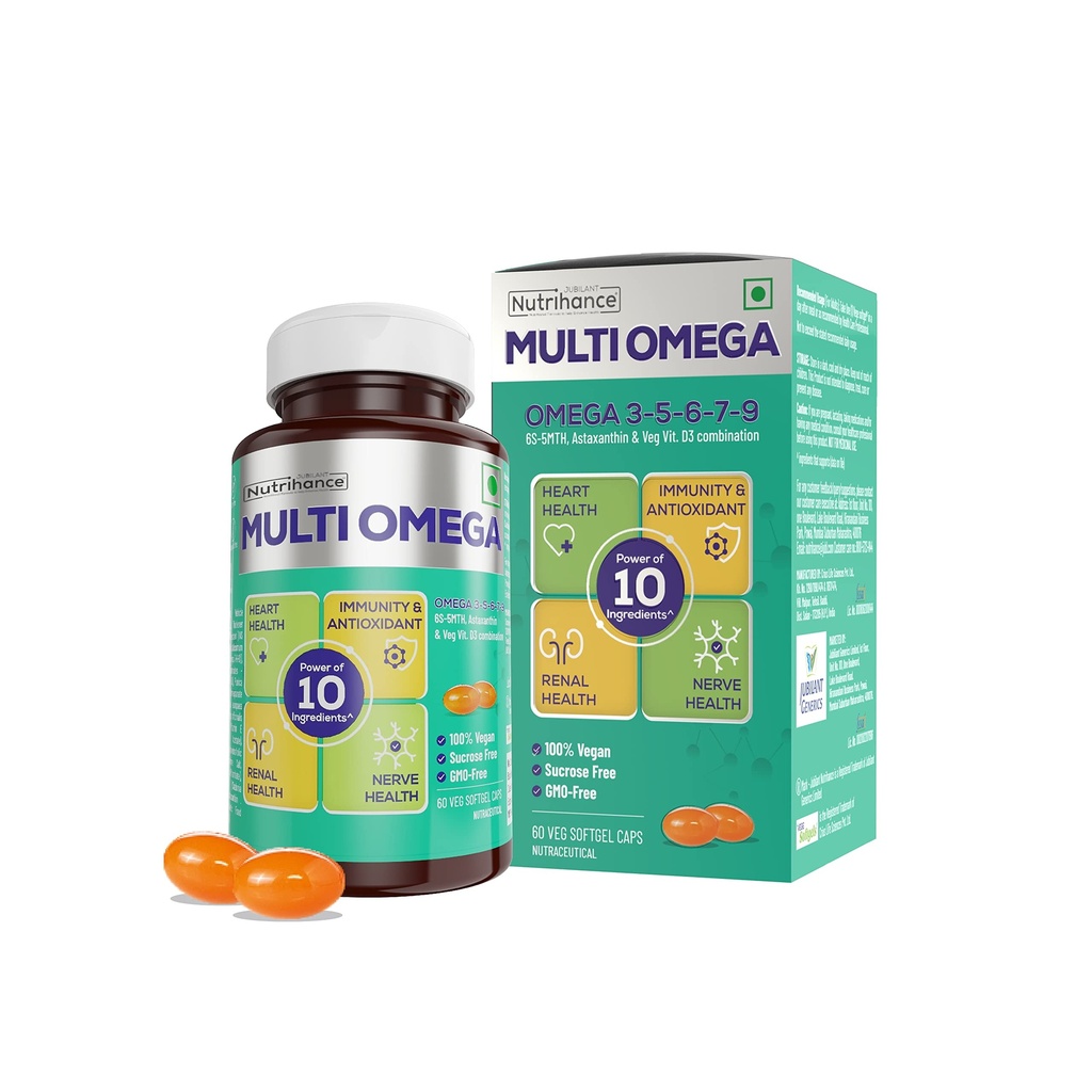 Multiomega 100% Vegan Omega Softgel | Omega 3-5-6-7-9, Vitamin D3 | Support Heart, Nerve & Renal Health | Strengthens Immunity & Antioxidant Effect (60 Veg Softgels)