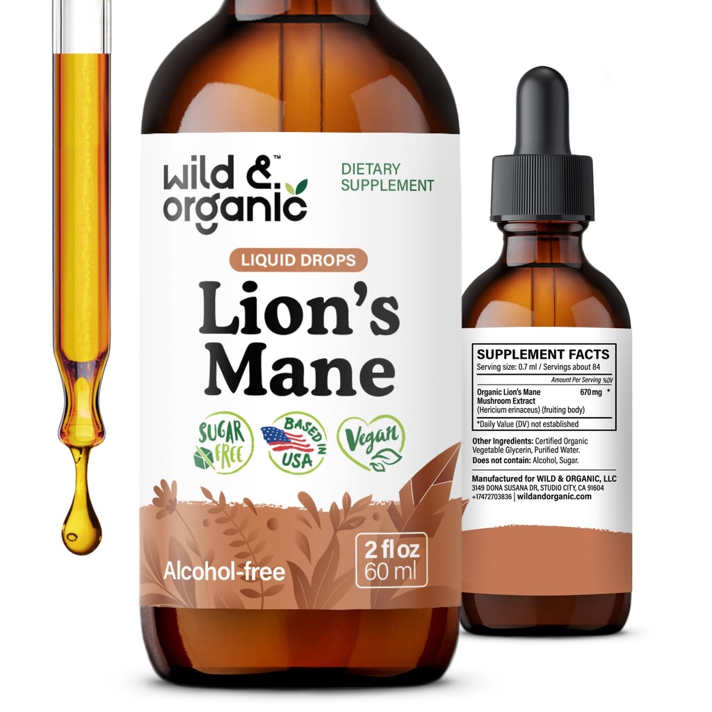 Wild & Organic Lions Mane Liquid Drops - Focus & Brain Support - Lions Mane Supplement - Hericium Erinaceus Mushroom Extract Tincture - Vegan, Alcol & Sugar-Free - 2 fl oz
