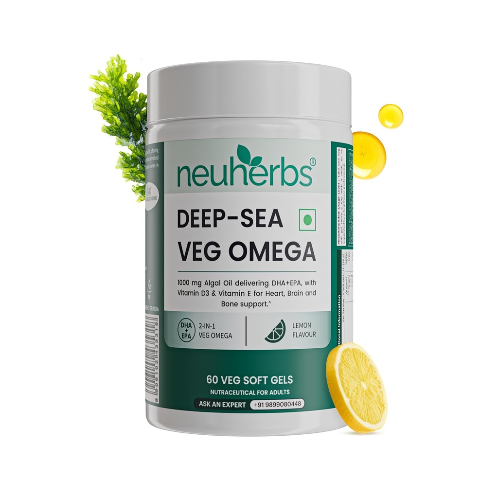 Neuherbs Deep-Sea Veg Omega 3 Supplement | 1000mg Algal Oil | Omega3 Vegetarian Capsules | Supports Heart, Brain, Skin & Bone Health | 100% RDA Vitamin D3 & E | Heavy Metals Tested - 60 Veg Softgels