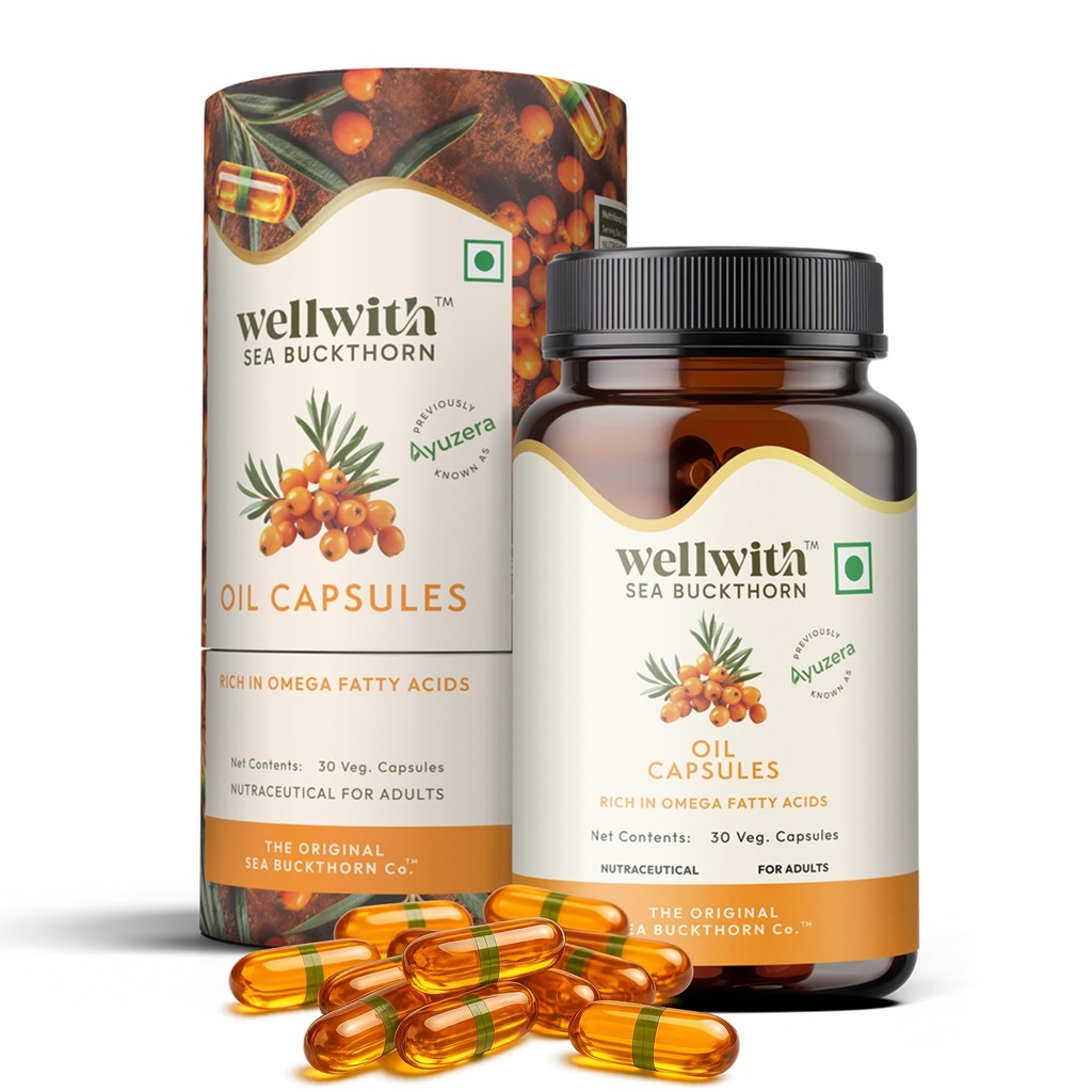 Wellwith by Ayuzera Sea Buckthorn Berry Oil Omega 7 500mg, 30 Veg HPMC Capsules, 15-Day Supply| Sea buckthorn Capsules rich In Omega 3, 6 & 9 help to keep the skin healthy| Dietary Supplements, 500mg Each