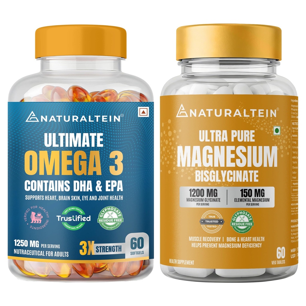 Naturaltein Omega-3 Fish Oil 1250mg Triple Strength (60 Softgels) + Naturaltein Magnesium Glycinate 1200mg 60 Tablets | Heart Health, Brain Function, Muscle Relaxation & Sleep Support Combo