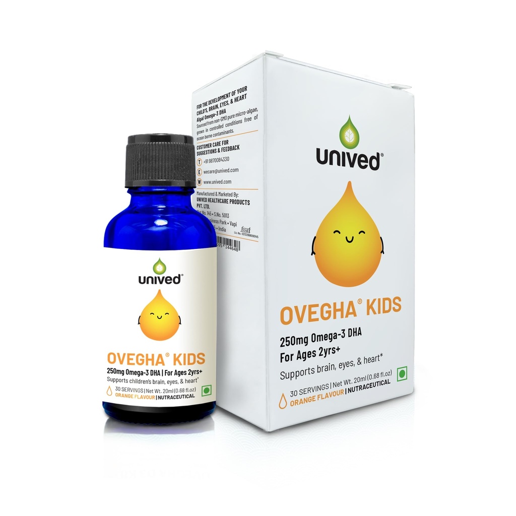 Unived OVEGHA Kids, Vegan Algae Omega-3 DHA 250mg DHA, Liquid Dropper, Natural Orange Flavour, 30 servings