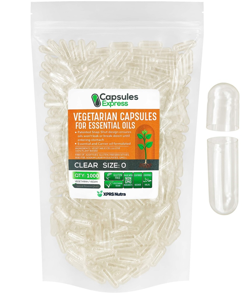 XPRS Nutra Größe 0 Leere Vegan Kapseln - 1000 Count klar Veggie Kapseln für ätherische Öle - Leere Gemüsekappen - DIY Füllung arbeitet mit dem meisten Öl