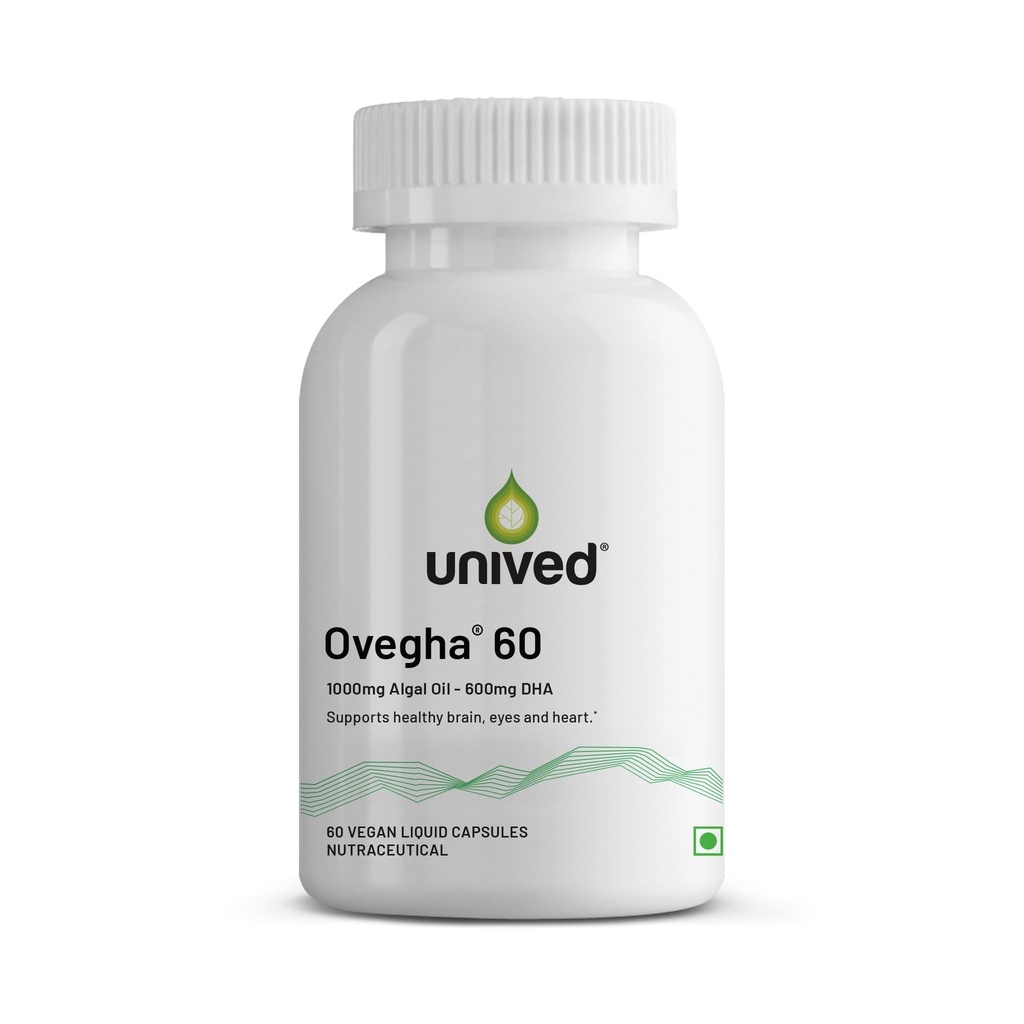 Unived Ovegha 60 | Algae-Derived Omega-3 | 600mg DHA Per Serving (highest DHA/serving) | Vegan, No Fish Oil | Brain, Heart, Skin, Join, Hair, Eye & Prenatal Support | 60 Capsules