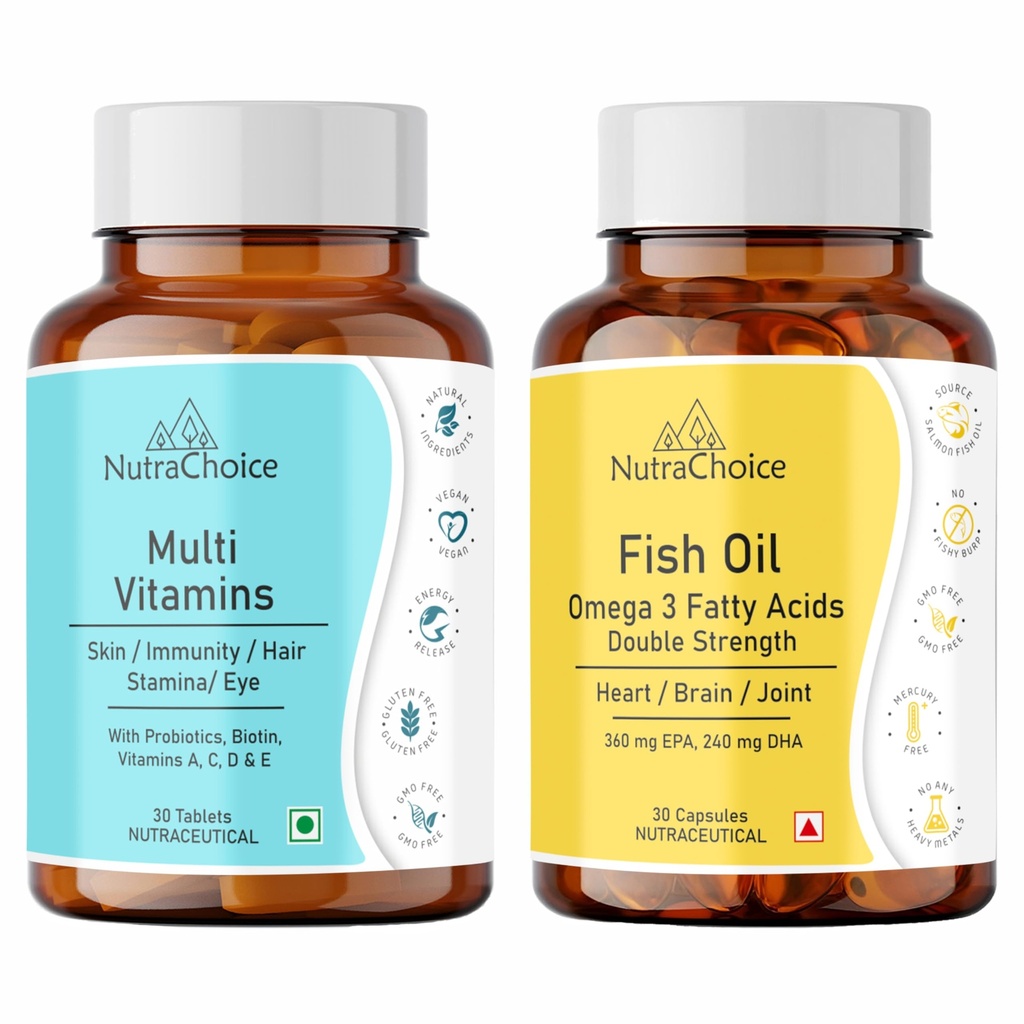 Multivitamin & Omega 3 Fish Oil Double Strength Combo Softgel Capsules and Tablets 30 Count Each (30 Tabs + 30 Caps)