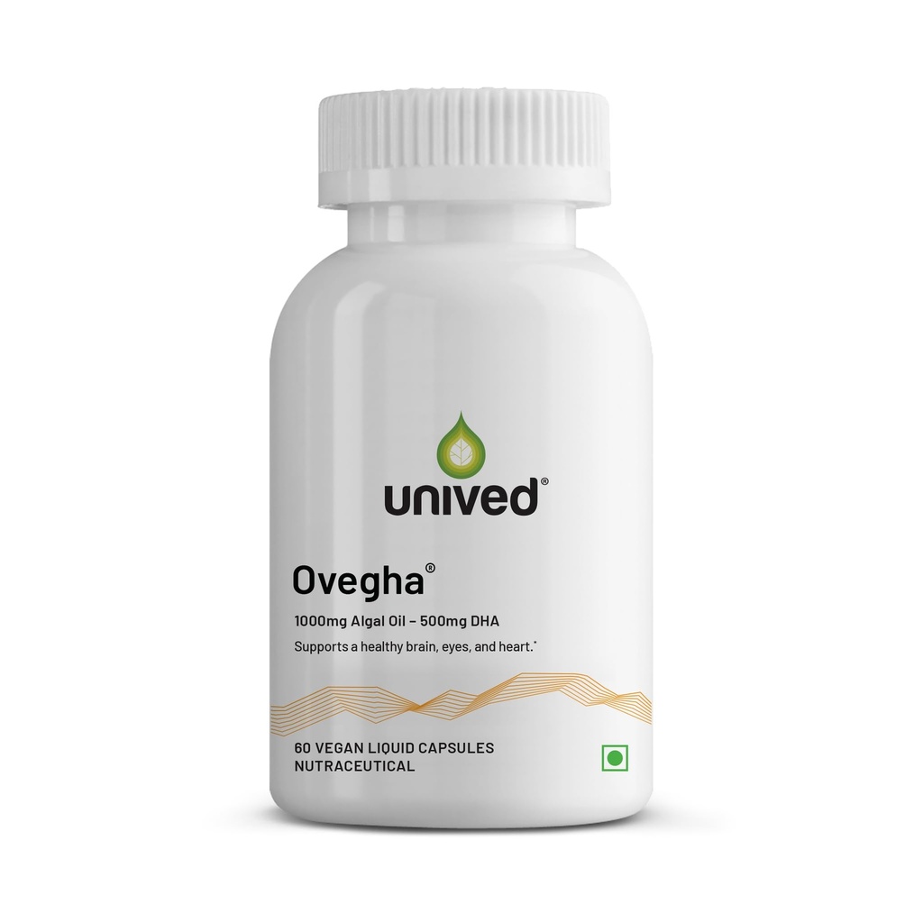 Unived Ovegha Vegan Omega-3 DHA from Algal Oil – PLANT BASED, NO FISH – 500mg DHA per Serving, Supports Brain, Eyes & Heart – Vegetarian, No Soy or Gluten – 60 Vegan Liquid Capsules