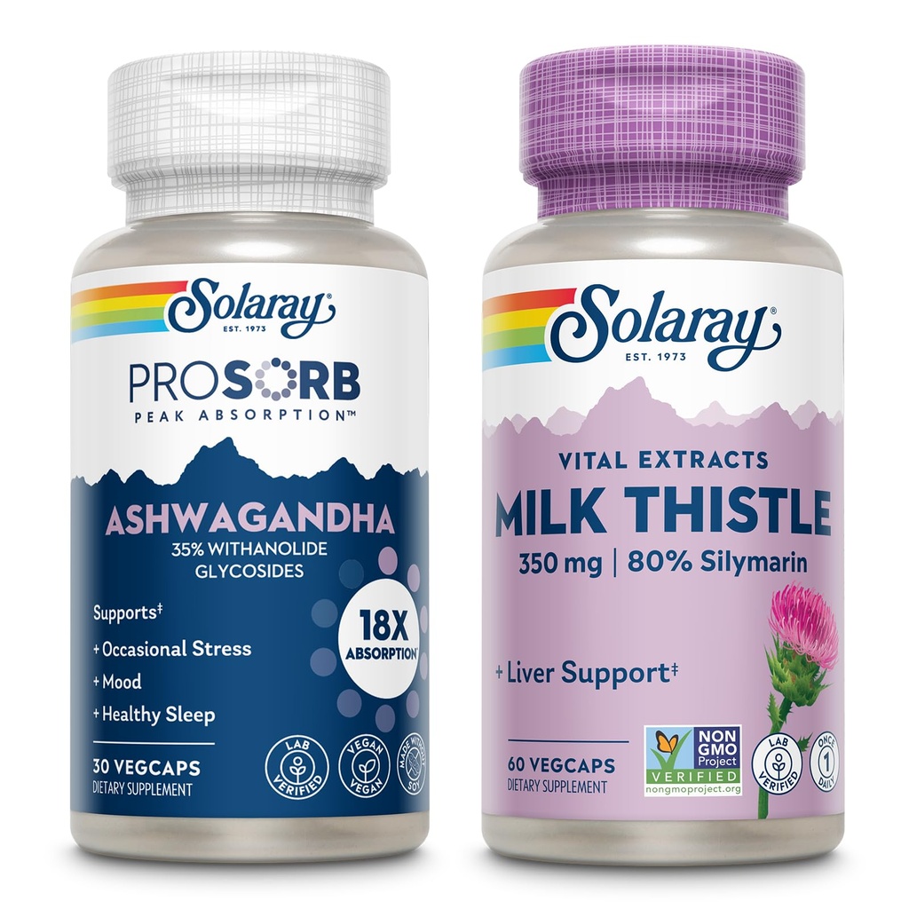 SOLARAY Ashwagandha e il latte supplemento Bundle, 18X Absorption Ashwagandha capsule per il supporto del mood Plus estratto di cardo del latte, Vegan, 60 giorni di garanzia, 30ct/60ct