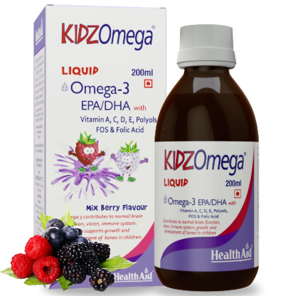 HealthAid KidzOmega Syrup – Omega-3 DHA with Vitamins C, D & E | 200ml Mixed Berry Flavor | Supports Brain, Vision & Immune Health | Easy-to-Take Liquid Supplement for Children
