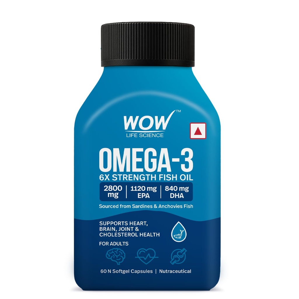 WOW Life Science Omega‑3 6X Strength Fish Oil Softgel Capsules | 2800 mg Fish Oil with 1120 mg EPA & 840 mg DHA | Supports Heart, Brain & Joint Health | Sourced from Sardines & Anchovies | 60 Softgel Capsules