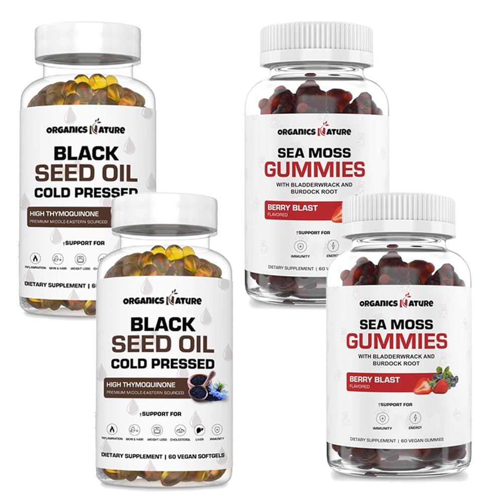NATURE ORGANIQUE Capsules d'huile de graines noires (2 bouteilles) & Gummées de mousse de mer (2 bouteilles)