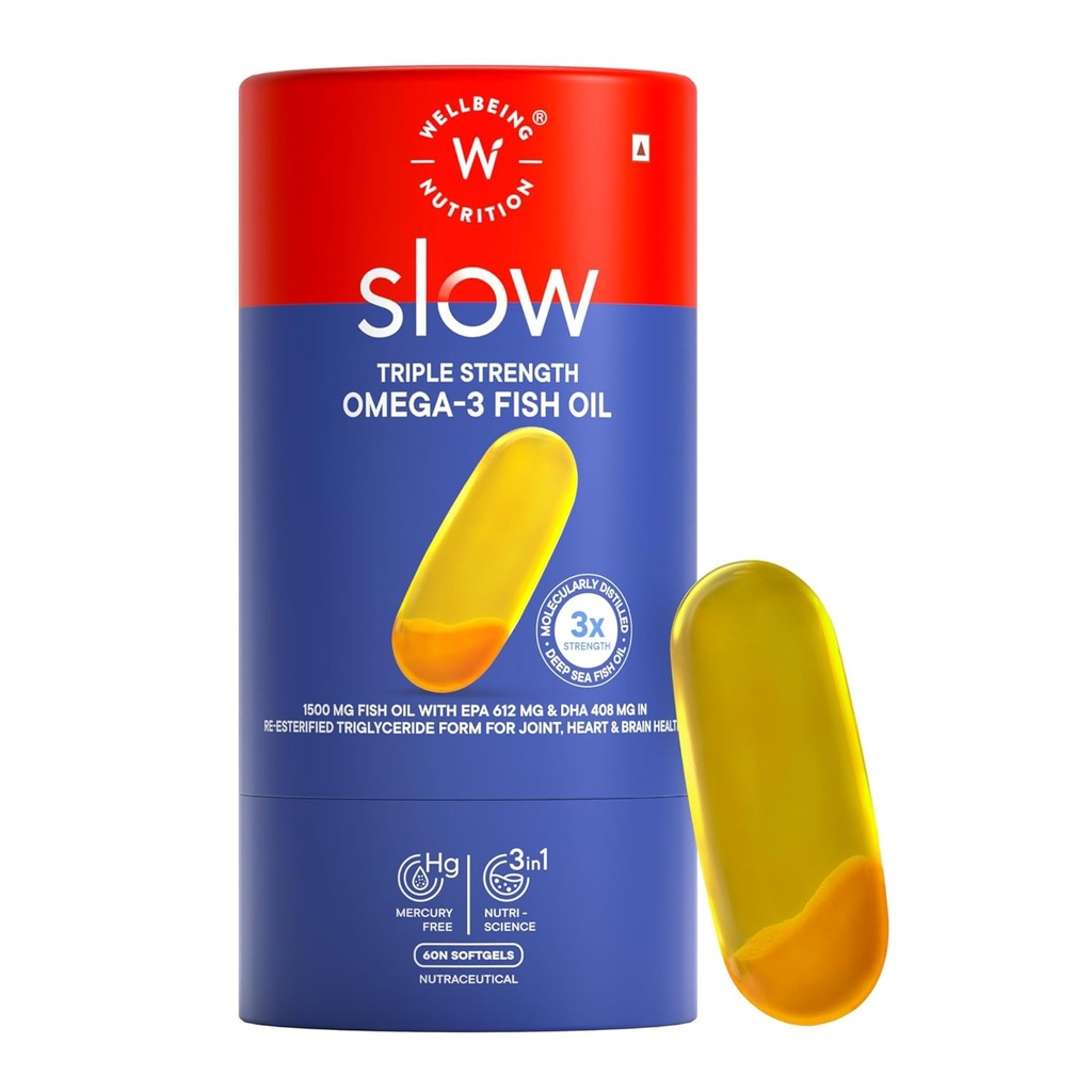 Wellbeing Nutrition Slow 3x Strength Omega 3 Fish Oil Capsules | 1500mg with EPA 612mg, DHA 408mg & Curcumin for Men & Women | No Fishy Burp | For Brain, Heart, & Joint Health, 60 Softgels