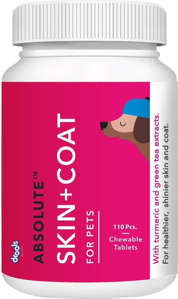 Drools Absolute Dog Supplement Tablet, Skin + Coat 400g 110 Pieces Jar | Turmeric Flavour | Supports Skin & Food Sensitivity | Nutrients Rich Botanical
