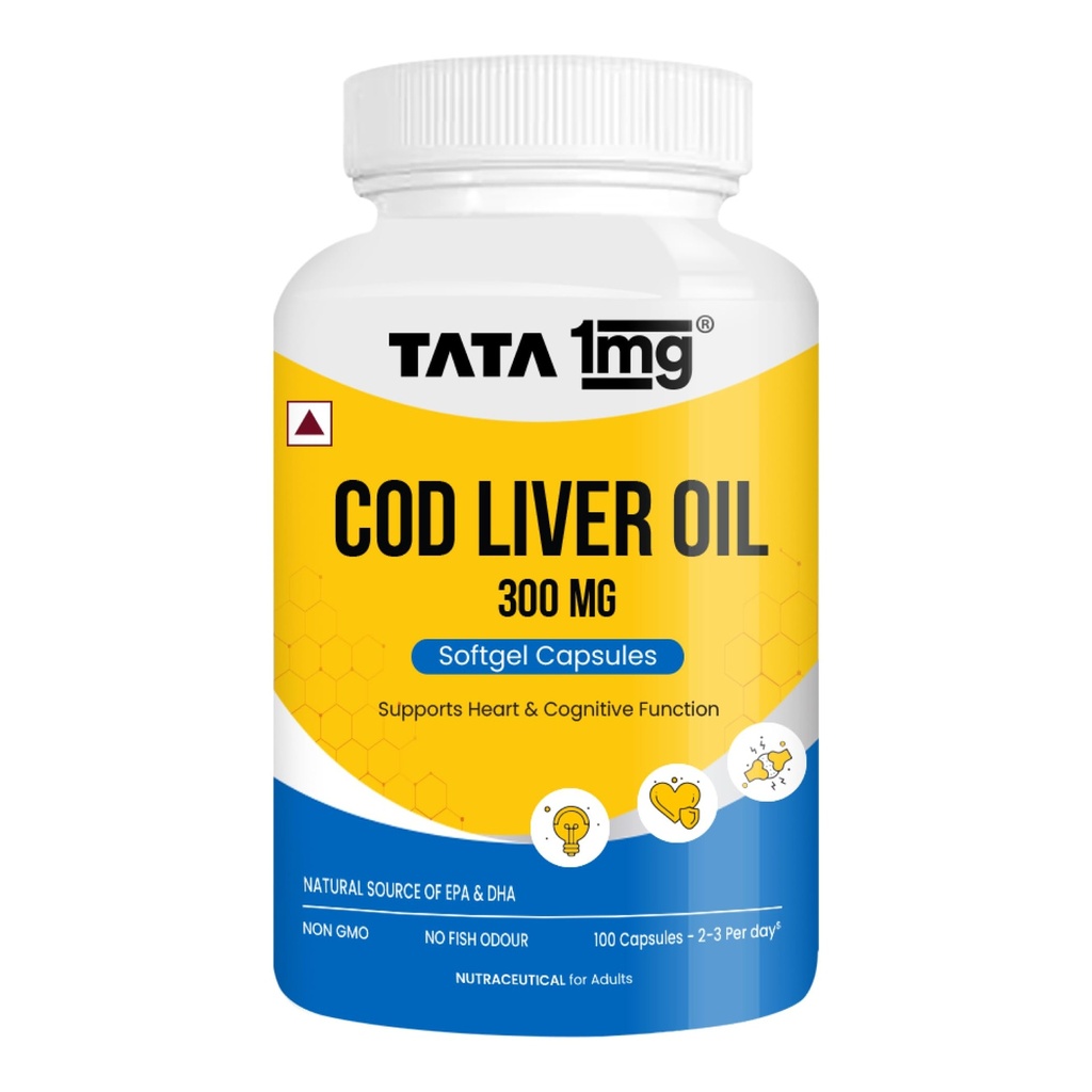 TATA 1MG Cod Liver Oil Supplement with Omega 3,Vitamin A and D - 100 Capsules | Supports Heart, Brain, Joint and Vision Health | Fish Oil for Women & Men | No Fish Odour & Non-GMO