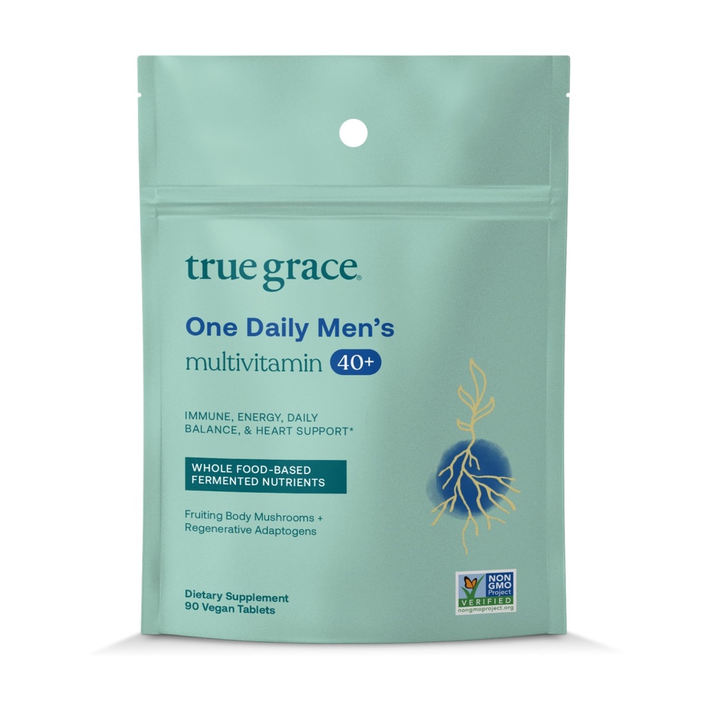 True Grace Men's 40+ One Daily Multivitamin Fermented Minerals, Organic Adaptogens & Pilze Ganzkörper Balance Immune, Endurance, Knochen & Herz Support Supplement - Non-GMO - 90 Vegetarische Tabletten