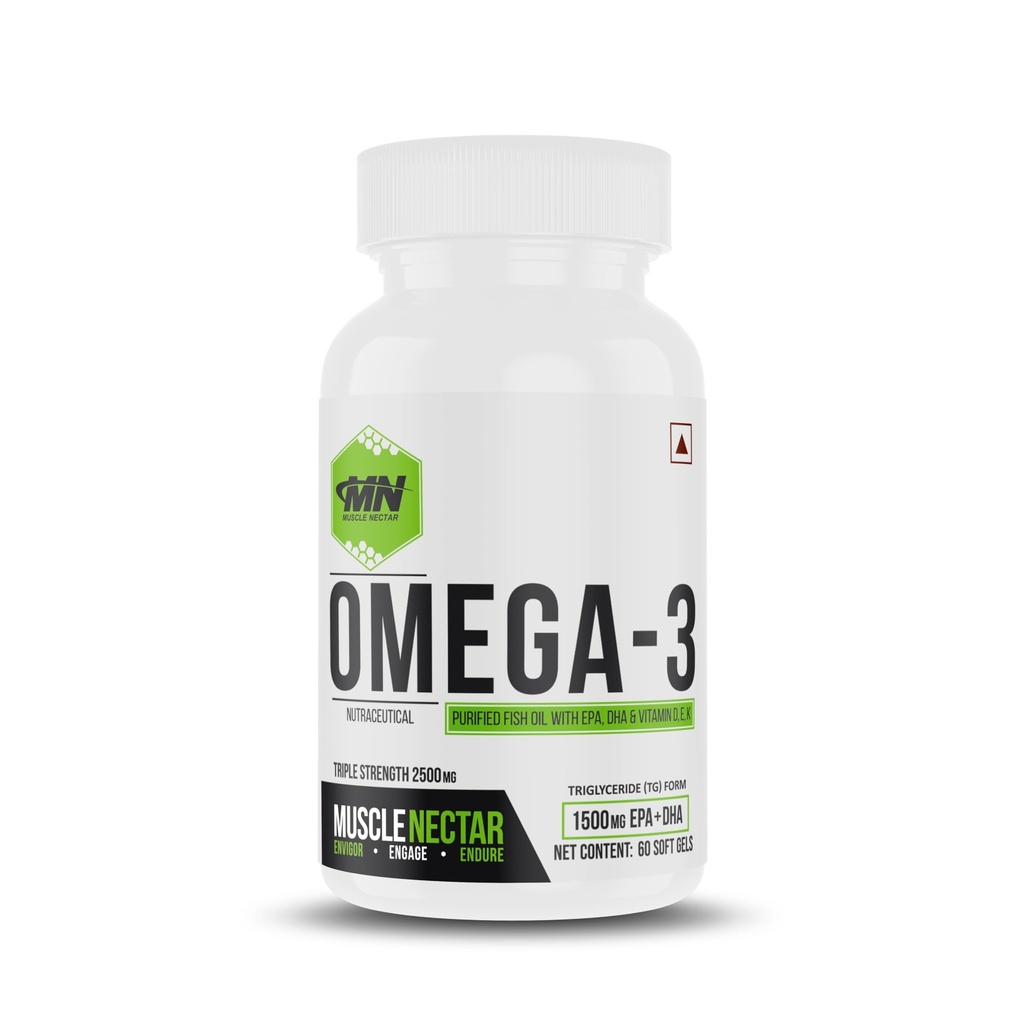 Muscle Nectar Omega 3 Fish Oil Triple Strength 2500mg - Molecularly Distilled (1500mg EPA/DHA) (Triglyceride (TG) Form - 60 Softgels)