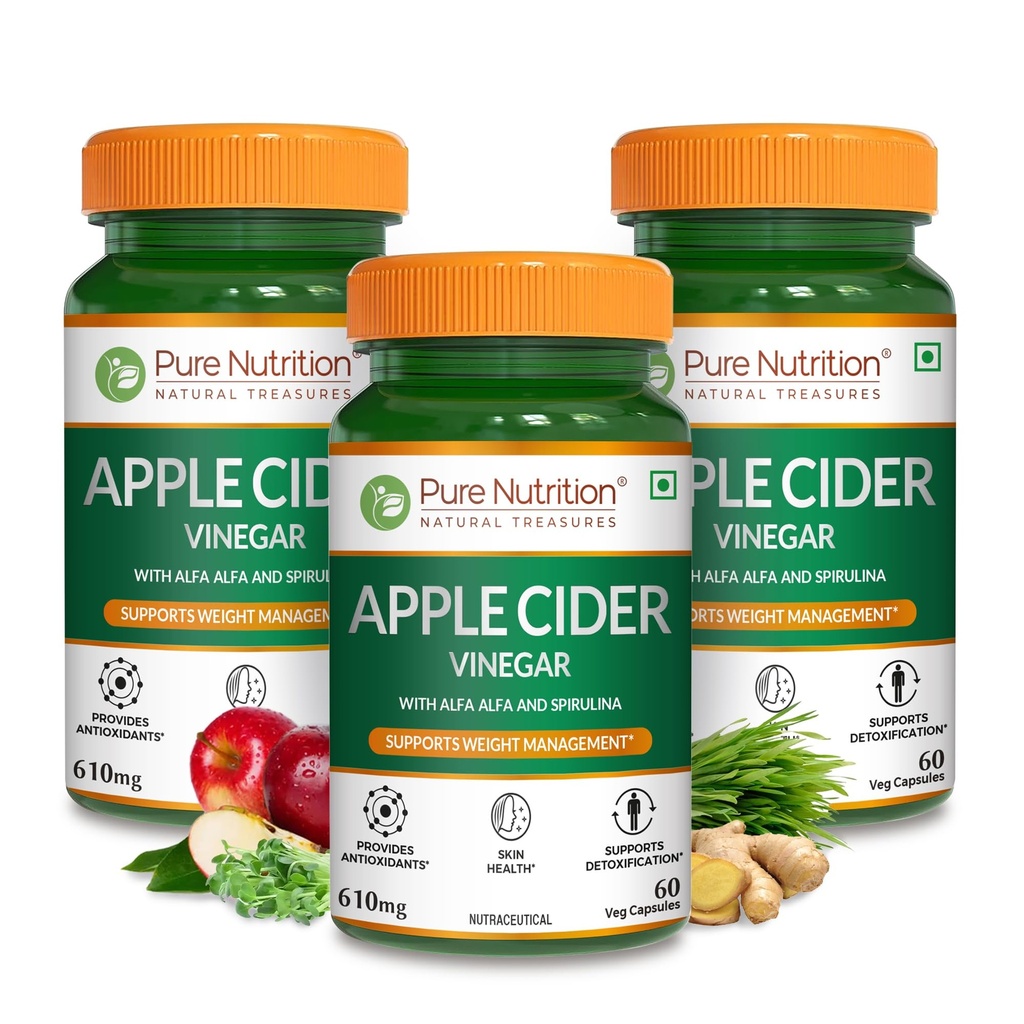 Pure Nutrition ACV Apple Cider Vinegar Tablets | Control Craving | ACV for Weight Loss & Detox with Wheat Grass & Spirulina for Enhanced Wellness | Rich in Antioxidants | Supports Weight Management, Detoxification & Immunity - 60 Veg Capsules (Pack of 3)