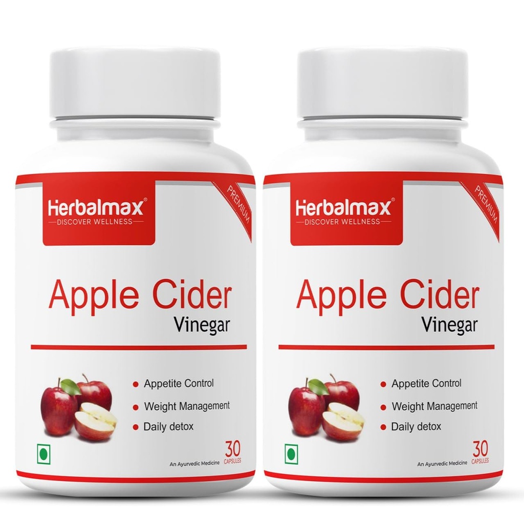 Herbal Max Organics Apple Cider Vinegar Capsules with The Mother – 800mg ACV Supplement | Pure & Natural Apple Cider Vinegar for Daily Use, 30 Veg Count per Bottle, Pack of 2