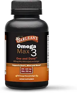L'Omega Ideale di Barlean Max 3 Integratori di Olio di Pesce, 1000 mg Softgels, EPA e DHA Pillole di Acido Grasso per Uomini e Donne, Arancio Flavor, 60 Conte
