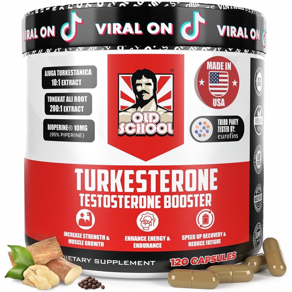 Old School Labs Testosteron Ergänzung für Männer – Max Potency Tongkat Ali mit BioPerine® für Max Absorption, unterstützt Muskel, Stärke, Erholung, Drive & Stamina – Turkesterone, 120 Kapseln