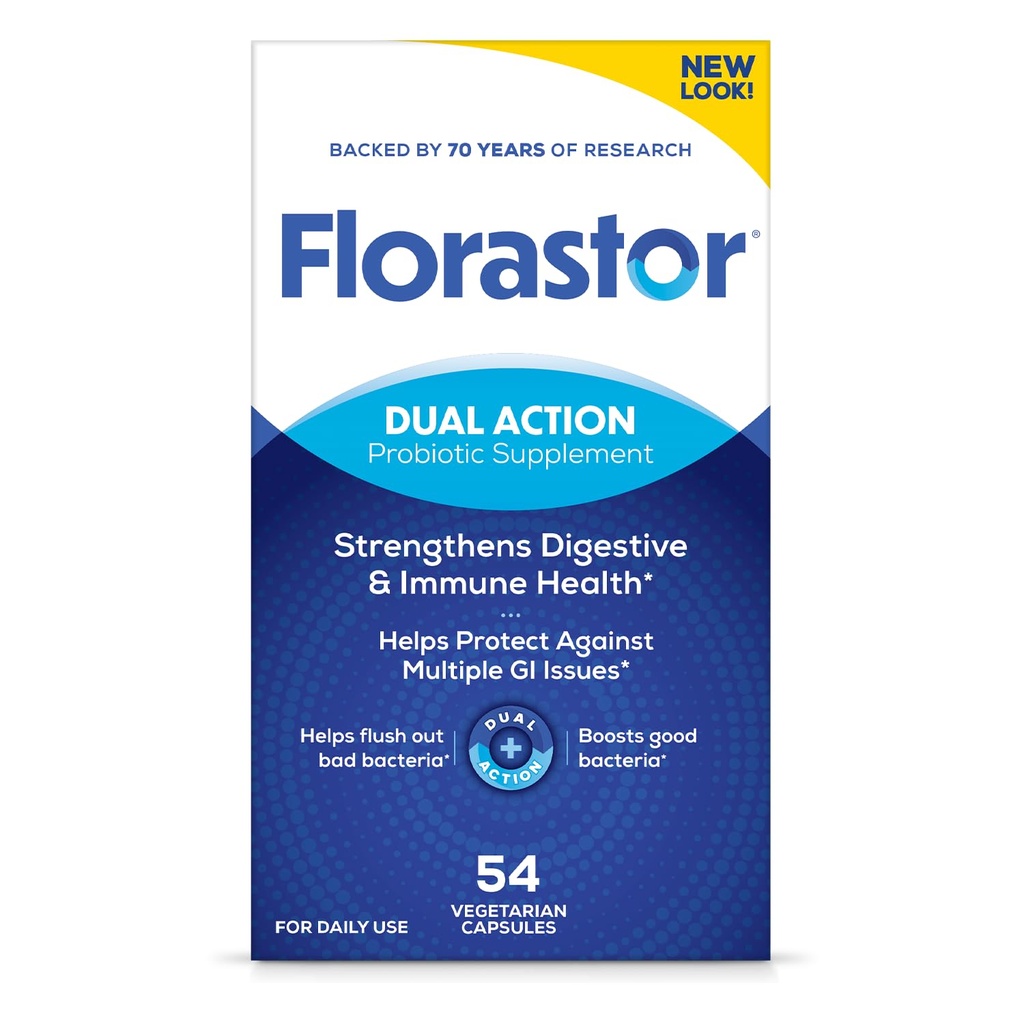 Florastor Probiotici per la salute digestiva e immunitaria, 54 capsule, probiotici per le donne e gli uomini, aiuta a spazzare via i batteri cattivi, Boosts il bene con il nostro strain Saccharomyces Boulardii, Packaging May Vary