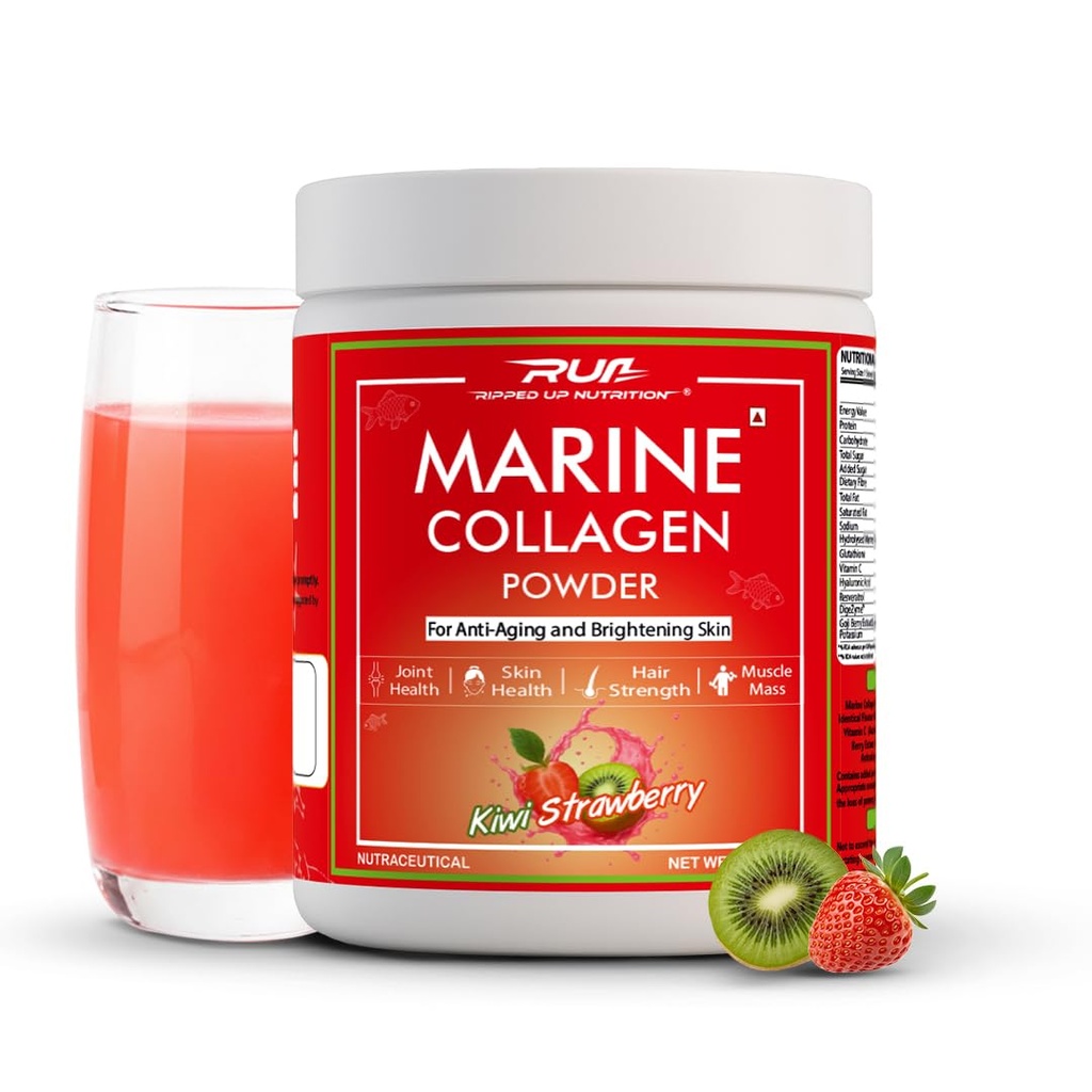 Ripped Up Nutrition Marine Collagen - 200g, | 8.9g Pure Collagen, 200mg Glutathione, 50mg Goji Berry | Clinically Proven Formula | Skin Glow, Anti-Aging, Hydration, Hair & Nail Health | No Fishy Smell ( Kiwi Strawberry)