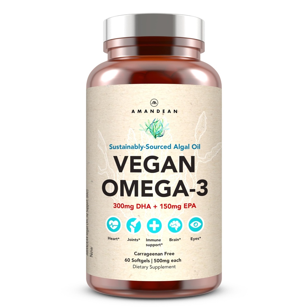 AMANDEAN Vegan Omega 3 Supplement. Premium Fish Oil Alternative. Algae DHA & EPA. Carrageenan Free Softgels. Algal Essential Fatty Acids. Plant Based Heart, Brain, Eye, Skin, Immune Support. (60ct)