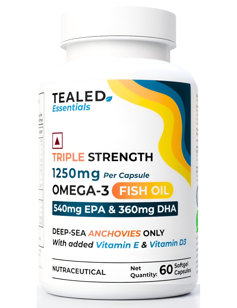 Omega 3 Fish Oil 1250mg | Triple Strength | 540mg EPA + 360mg DHA | Eurofins Lab Tested | With Vitamin D3 & E | Heart Brain Joint Support | No Fishy Burps | 60 Lemon Softgels for Men & Women