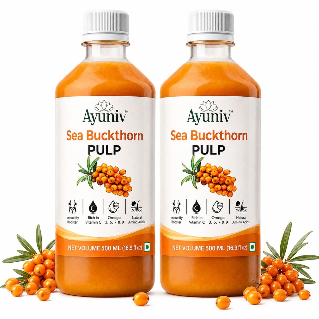 Himalayan Sea Buckthorn Juice 500ml (Pack of 2) | Cold Pressed Seabuckthorn Berry Pulp Concentrate | Natural Vitamin C | Omega 3-6-7-9 | Antioxidant-Rich Gut Health Juice for Skin Glow, Heart & Immunity Support