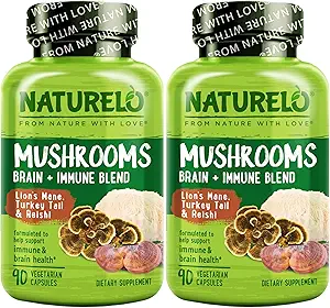 NATURELO Mushroom Supplemento – Brain & Immune Health Blend con Lion’s Mane, Reishi, Turchia Tail – 90 Vegan Friendly Capsules (Pack of 2)