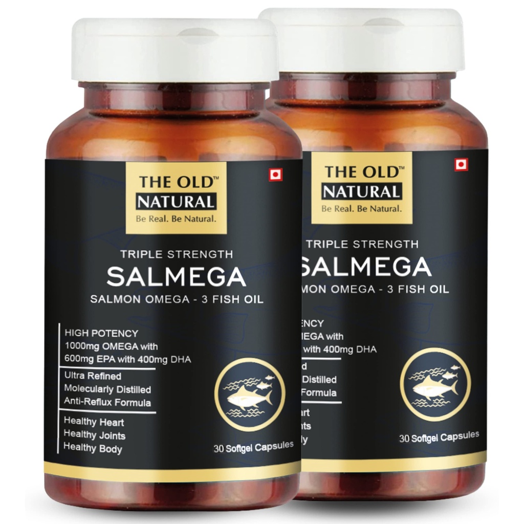 Salmega Triple Strength Salmon Fish Oil 1000mg – 600mg EPA & 400mg DHA with Vitamin E | High Potency Omega 3 Capsules for Heart, Brain & Joint Support | Burp-Free, Mercury-Free Fish Oil (Pack of 2)