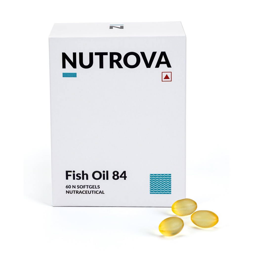 NUTROVA Fish Oil 84 Omega-3 High Purity, Heavy Metal Tested, Small Enteric Coated Capsules For Brain, Heart, Skin & Hair Health (60 Softgel Capsules) 300mg EPA + 250mg DHA in 658mg of Fish Oil