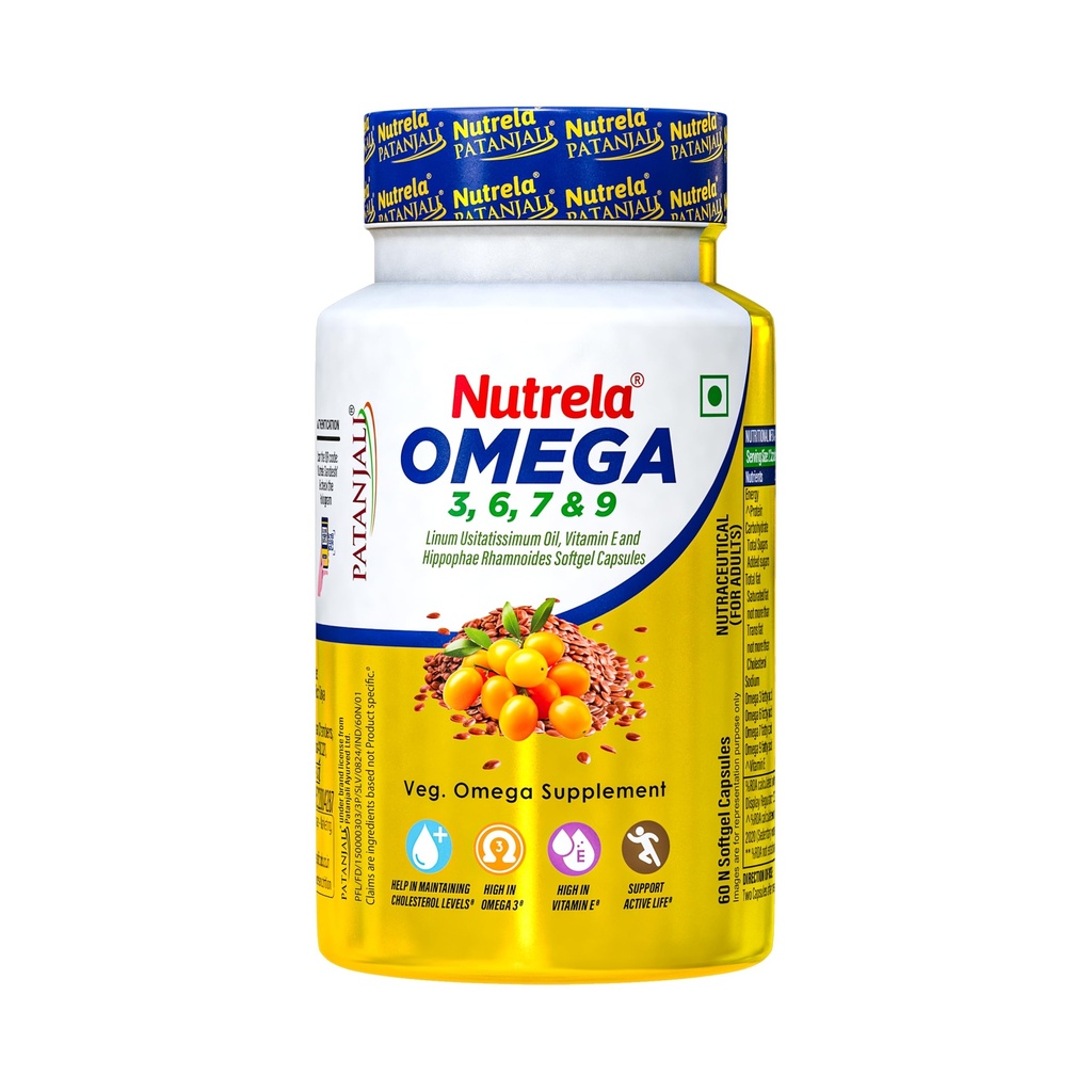 Nutrela 1500 mg Omega 3 6 7 9 with Sea Buckthorn and Flex Seeds oil For Muscle, Bone, Heart & Skin - 60 Veg Softgels - 30 Days