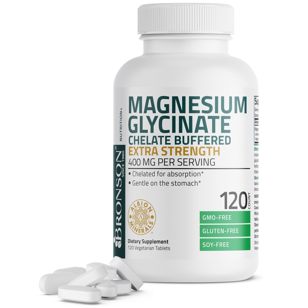 Bronson Magnesium Glycinate 400mg Extra Forza, Vegetariano, Chelato per l'assorbimento Gentle su Lo Stomach, Non-OGM, 120 compresse