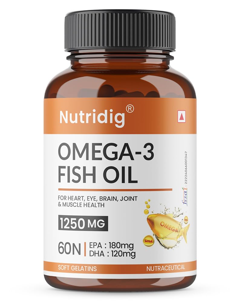 Omega-3 Fish Oil 1250mg | 180mg EPA + 120mg DHA | High-Absorption Formula | Supports Heart, Brain, Eyes, Joints & Skin | 60 Softgels