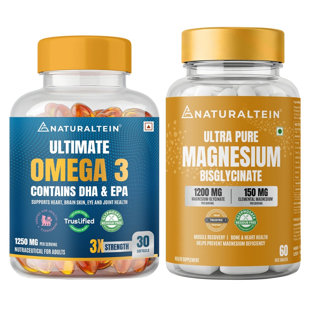 Naturaltein Omega 3 Fish Oil 1250mg Triple Strength 30 Softgels + Magnesium Glycinate 1200mg 60 Tablets | Heart Health, Muscle Recovery, Sleep & Stress Support Combo