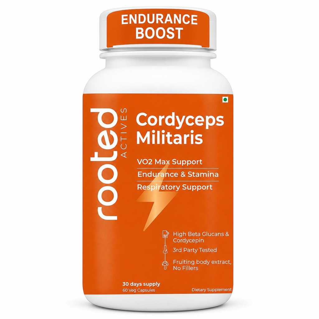Rooted Actives Cordyceps Militaris Mushroom Extract 500mg Capsules | Fruiting Body | Supports VO2 Max, Endurance & Respiratory Health | 60 Veg Capsules
