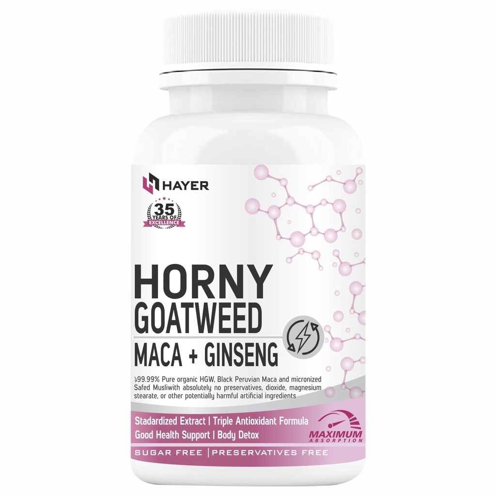 HAYER Panax Ginseng, 1000mg Hornygoatweed, Maca Root for Men Supports Focus, Stress Reduction and Consistent Performance, 99% High Strength Sugar Free Supplement 60 Tablets