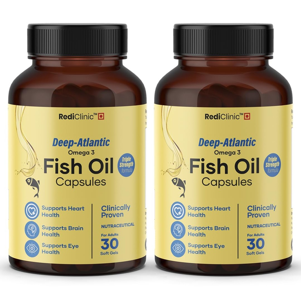 Triple Strength Omega 3 Fish Oil Capsules 2500mg | EPA - 900mg, DHA - 600mg, Vitamin E and Vitamin D3 | Supports Heart, Brain, Joints & Eye Health | No Fishy Burps, Lemon Flavour - 30 Softgels | Pack of 2