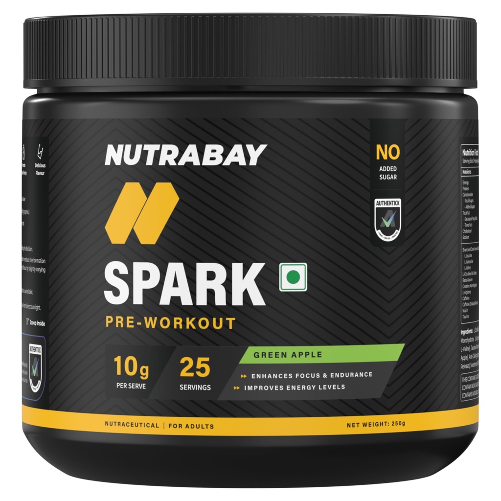 Nutrabay Gold Spark Pre Workout Supplement Powder 300mg Caffeine, 1000mg L-Arginine, 3000mg Beta Alanine, 2500mg Citrulline Malate per Serving – Muscle Pump & Performance – 250g, Green Apple