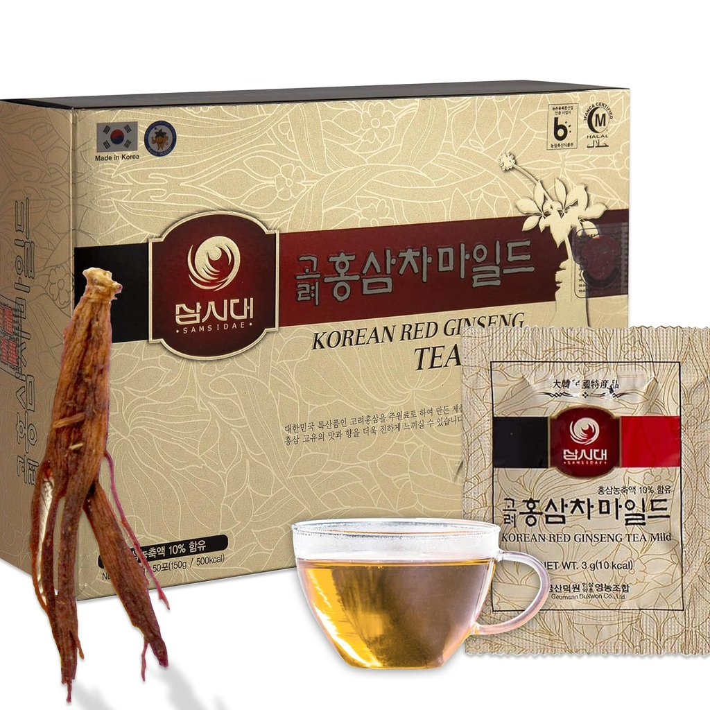 SAMSIDAE Coreano Panax Rosso Ginseng tè istantaneo, scatola di 50 Sachets, migliora la circolazione sanguigna, prestazioni intellettuale e memoria, stimola l'energia