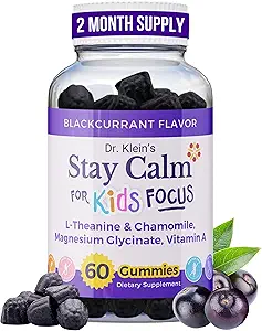 Dr. Klein's Stay Calm Kids Gummies – Magnesio Glycinate + Vitamina A, L-teanina, Estratto di camomilla – Promuovi messa a fuoco e calma per età 5+ – Magnesio Gummies per bambini – Farina nera, Zucchero Zero, 60 Conte